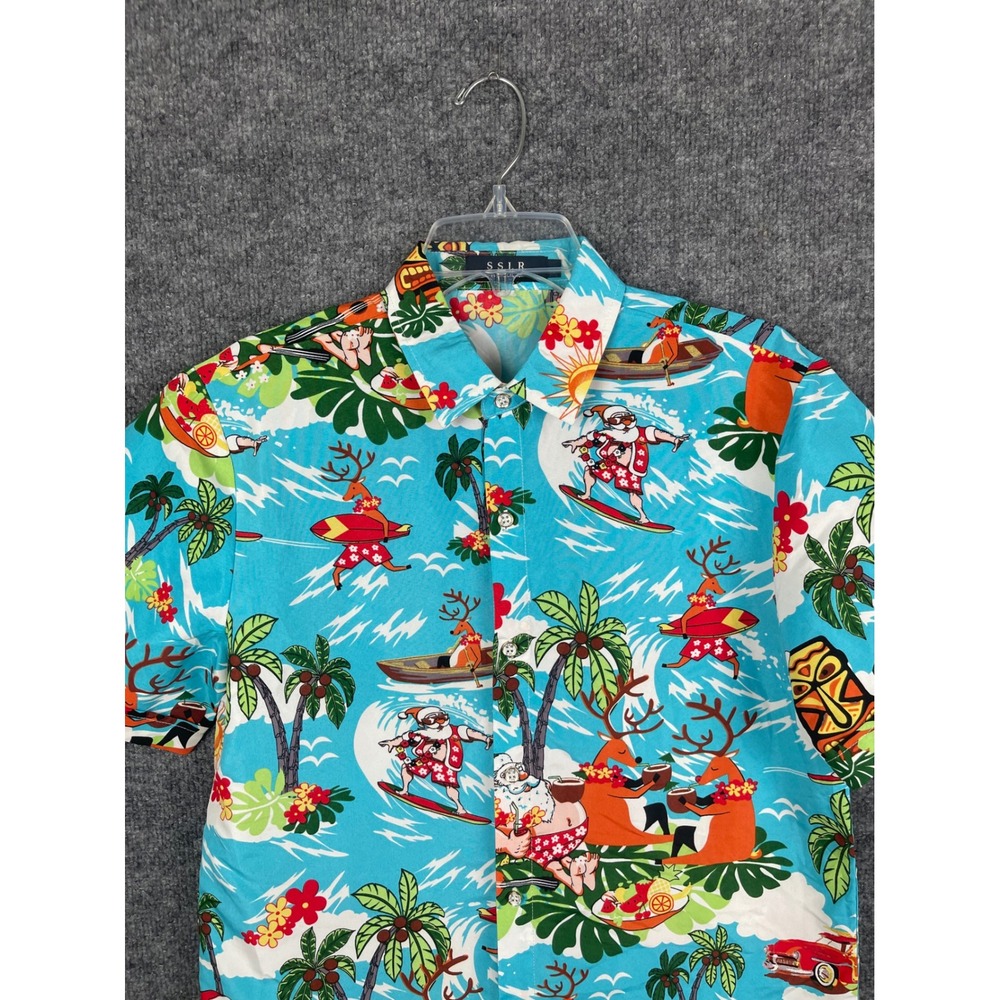 SSLR‎ Button Down Shirt Mens S Blue Excellent Surfing Santa Christmas Tropical - Picture 2 of 12